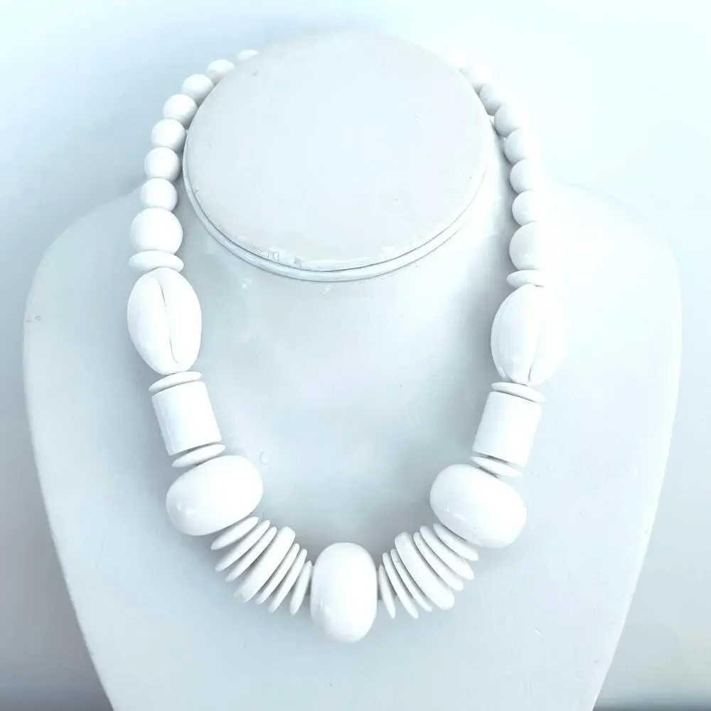 Vtg Chunky Statement Necklace Geometric Retro White Mod 60s MCM Acrylic Resin